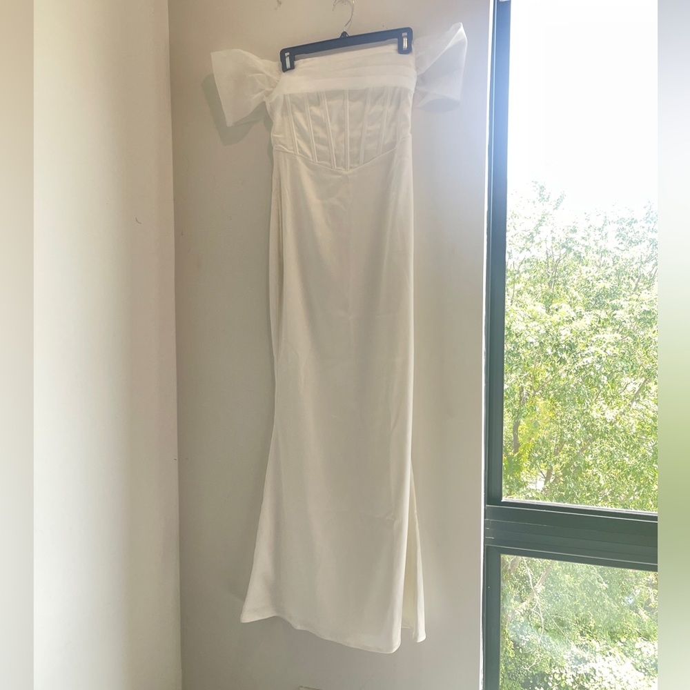 White Everly Off Shoulder Organza Satin Maxi Dress
